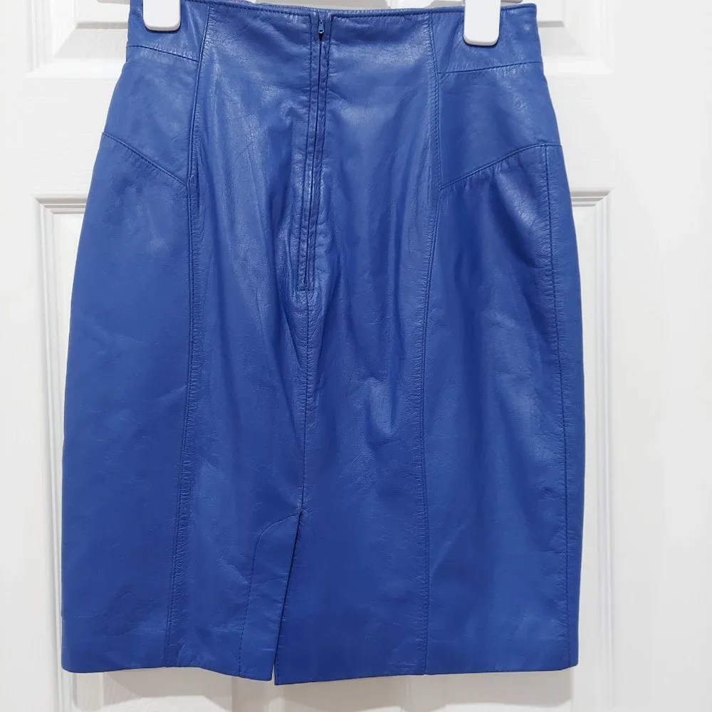 Vintage Cobalt Blue Wilsons Leather CHIA Pencil Skirt Midi Size 10 / 26in Waist - Picture 3 of 10